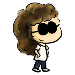 Girl with curly hair and sunglasses smiles confidently crayon illustration