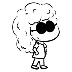 Girl with curly hair and sunglasses is smiling confidently outline illustration