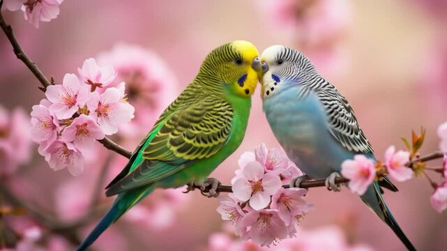 Two budgerigars on pink blossoms branch