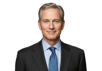 Smiling middle aged businessman in a dark suit and blue tie isolated on transparent background