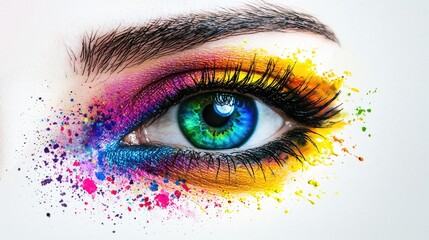 Vibrant eye makeup design with colorful splashes.