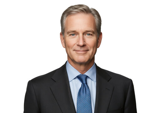 Smiling middle aged businessman in a dark suit and blue tie isolated on transparent background