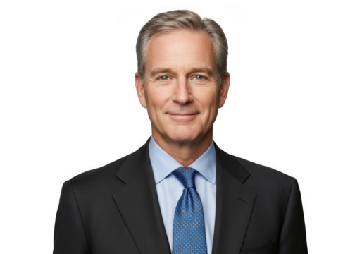 Smiling middle aged businessman in a dark suit and blue tie isolated on transparent background