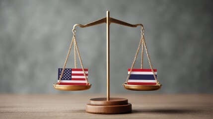 Import Tariff Trade Concepts. A balance scale comparing the flags of the United States and Thailand symbolizes equality, comparison, or diplomatic relations between the two countries.