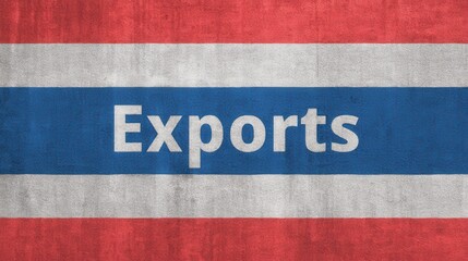 Export Tariff Trade Concepts. The word "Exports" is displayed on a textured background resembling the flag of Thailand, featuring red, white, and blue horizontal stripes.