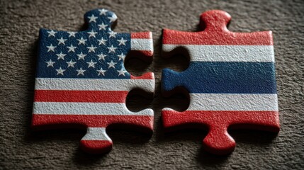Import Tariff Trade Concepts. Two mismatched puzzle pieces bearing the flags of the United States and Thailand resting apart on a textured background.