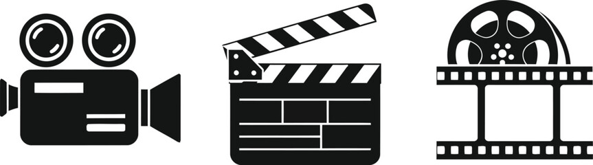 Vintage camera clapperboard film reel icons video