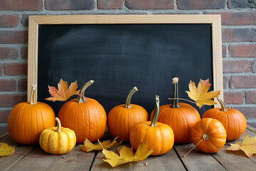 Autumn pumpkins and leaves displayed on a rustic wooden surface near a chalkboard.