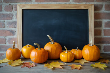 Pumpkins and Autumn Leaves Arrangement in Front of a Chalkboard on a Wooden Surface against Brick Wall