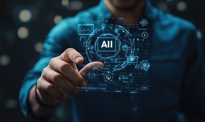 Business Professional Touching AI Icon on Virtual Screen with Digital Data for Tech Innovation