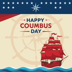 Fototapeta premium Columbus Day copy space Background Celebration with America flag and Columbus ship silhouette