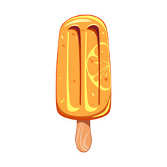 Ice cream with orange, fruit popsicle on a wooden stick with pieces of orange. Summer cold dessert, frozen juice, fruit ice. Vector illustration.