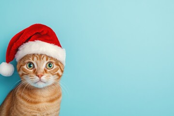 Cute ginger cat in a red Santa hat looking up. Light blue background. Festive portrait of a pet. Bright and cheerful mood. Christmas theme. Design of postcards, invitations. Minimalistic style