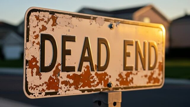 Close up of a weathered dead end street sign illuminated by warm sunset light in suburban