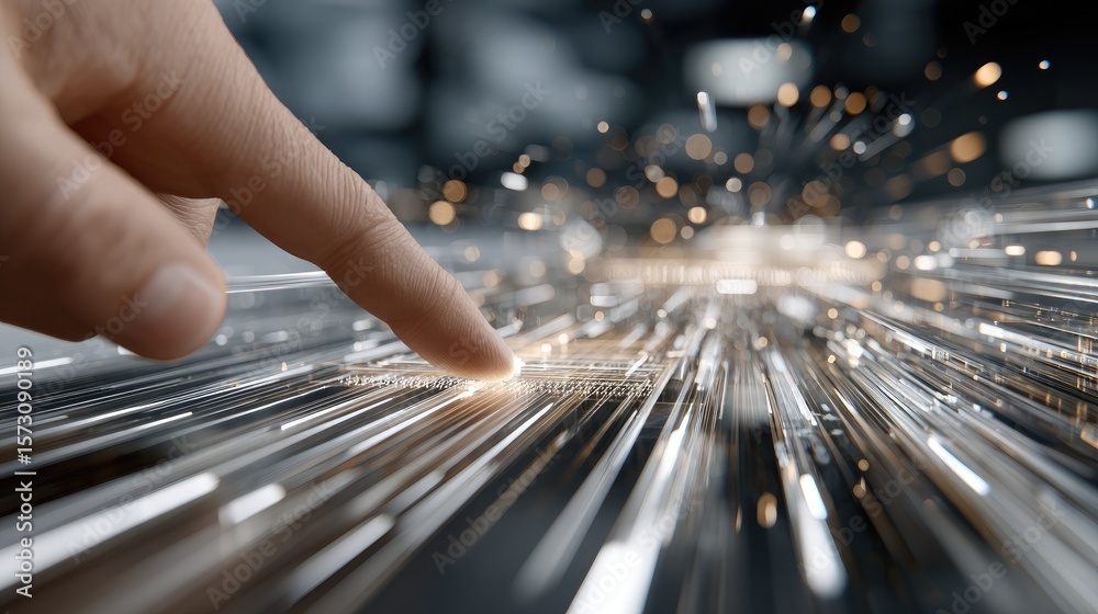 Poster a finger engages with an interactive surface, triggering dynamic light beams and data flows against 