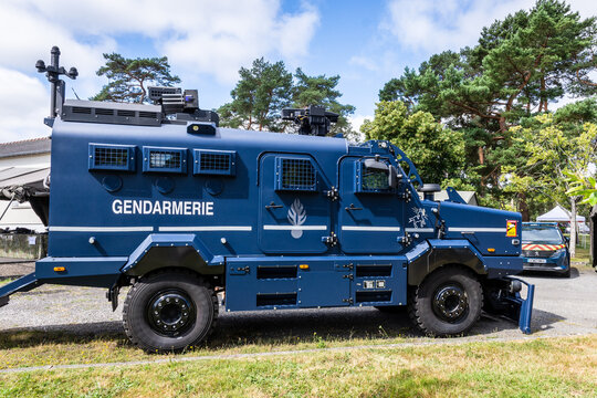 Rennes, France - June 28, 2025: Side view of the Centaure, a four-wheel drive armored personnel carrier made by Soframe and used by the French National Gendarmerie as an Internal Security Vehicle.