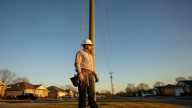 Utility worker walking next to a pole in neighborhood construction and maintenance