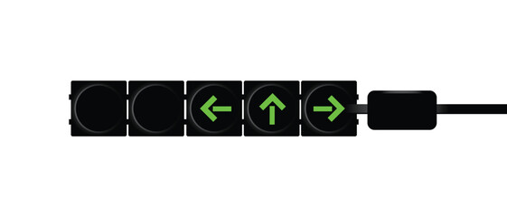 Green arrow traffic light illustration indicating direction for safe driving forward, left, and right turn signals on a clean white background.