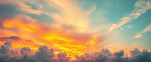 Fototapeta premium Pastel rainbow watercolor sunset sky, fluffy clouds, wide banner, copy space, wide, summer