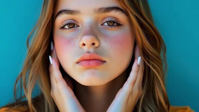 Portrait of a beautiful young girl with freckles looking at the camera on a blue background.