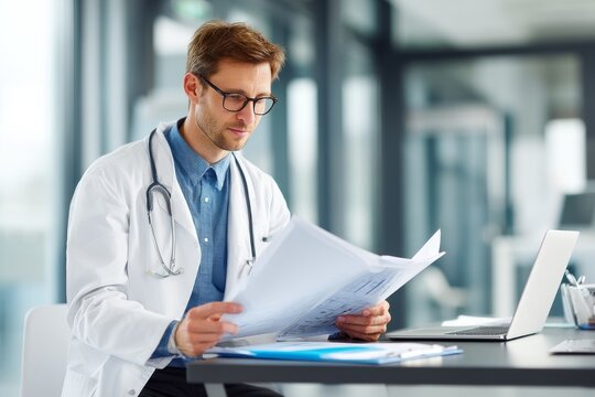 Focused young doctor analyzing medical reports at office desk