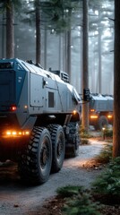 A military column moves stealthily through a foggy forest illuminated by moonlight, showcasing armored vehicles in action