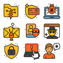Cyber crime icons for threat and security visualization. Suitable for cybersecurity blogs, presentations, and online security awareness campaigns.