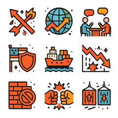 Trade war icons represent global tensions and protectionist policies. Perfect for illustrating economics, politics, global trade disputes, or news articles.