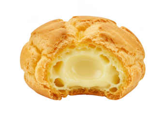 Delicious cream puff pastry filled with vanilla custard isolated on transparent background