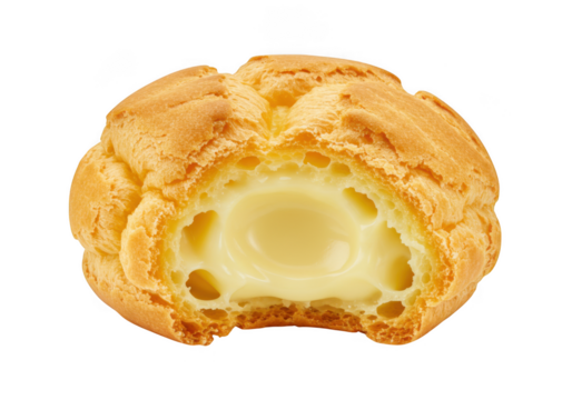 Delicious cream puff pastry filled with vanilla custard isolated on transparent background