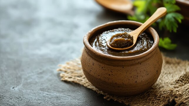 Traditional Ayurvedic Chyawanprash in a Clay Pot with Spoon