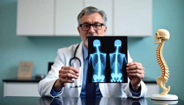 A doctor analyzes a spine x-ray and a model in a medical consultation room.