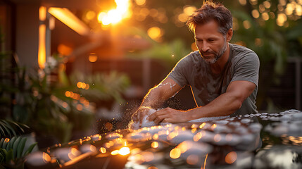 Man washing car outdoors at sunset with bokeh background