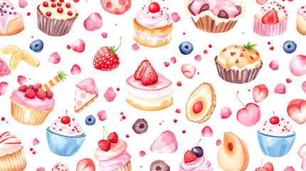 Watercolor Sweet desserts pattern on white background
