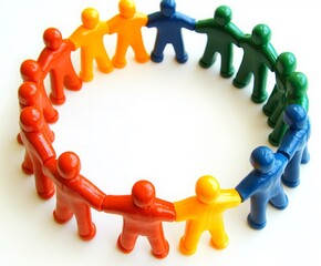 Colorful plastic human figures in red, orange, yellow, green, and blue form a circle holding hands, symbolizing unity, teamwork, diversity, and community on a white background.
