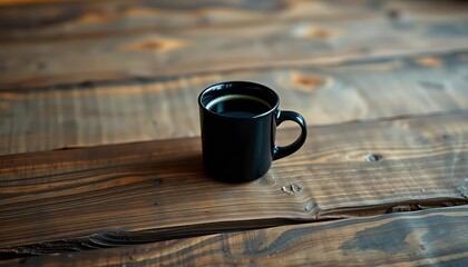 A single black coffee cup sits on a rustic wooden table,  cafe,   black and white