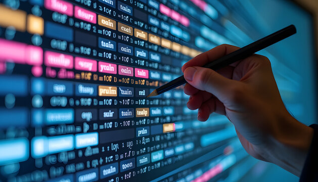 Close-up of hand pointing at lines of code on a computer screen, symbolizing software development.