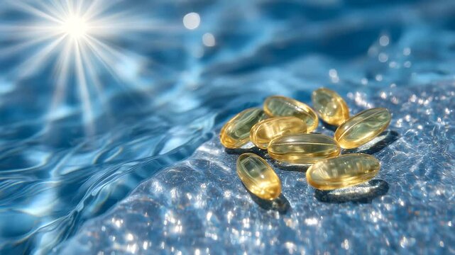 A serene, high-contrast macro shot of golden capsules gently floating on the surface of crystal-clear water, with radiant light refracting through each capsule like sunbeams, symbo
