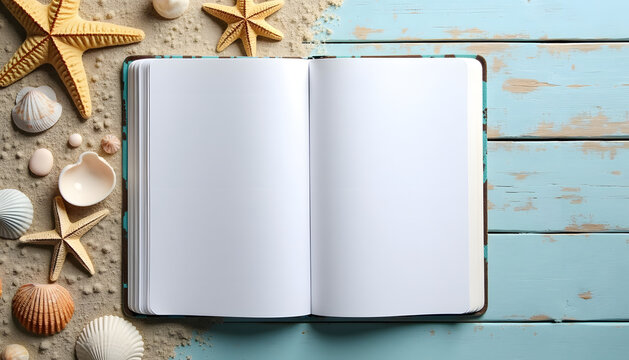 An open notebook rests on a beach, surrounded by seashells and starfish against blue wood. - Powered by Adobe