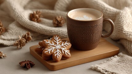 Cozy coffee and cookies on a wooden tray