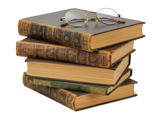 Isolated Stack of Antique Books with Eyeglasses