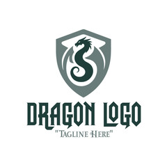 Fototapeta premium Royal Green Dragon Logo with Gray Shield for Iconic Branding and Medieval Fantasy Identity 