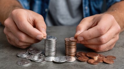 Hands carefully add coins to organized stacks, showcasing financial planning and budgeting on a wooden table in a home setting