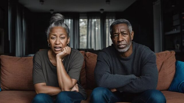 Tense moment during relationship conflict. A senior couple sit on a couch, engaged in a heated discussion. Frustrated, senior couple and argument with disagreement for financial crisis or deb