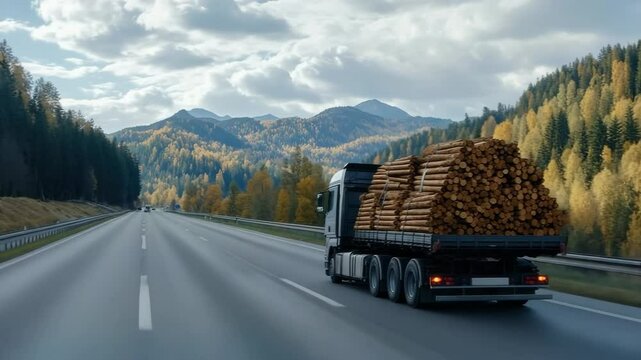 A truck carries a full load of logs along a scenic highway with a backdrop of autumn foliage and majestic mountains