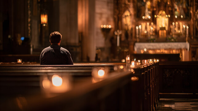 Private prayer in a quiet church pew, A person in quiet prayer, sitting on a pew in an empty church, candles lit on the altar, 