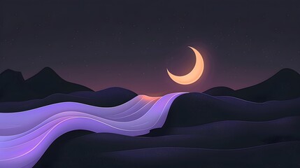 Abstract digital artwork depicting a serene night landscape with rolling hills, a crescent moon, and a glowing, layered lavender river under a starlit sky.