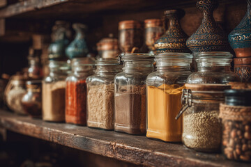 A shelf full of glass jars with spices in them