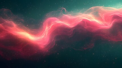 Abstract digital artwork of a vibrant, luminous pink and red nebula-like cloud flowing through a dark, star-filled space.