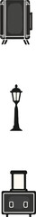 Vector illustration featuring travel suitcase, lamp post, and electrical appliance symbols